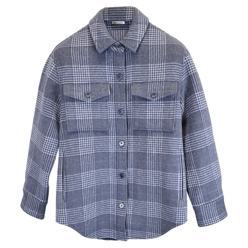Reformation Giles Plaid Wool Shirt Jacket / Blue / M